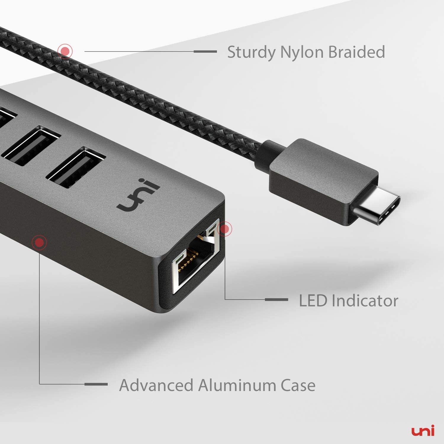 USB-C-Hub mit 3 USB-A- und Gigabit-Ethernet-Anschlüssen USB-C-Hub mit 3 USB-A- und Gigabit-Ethernet-Anschlüssen