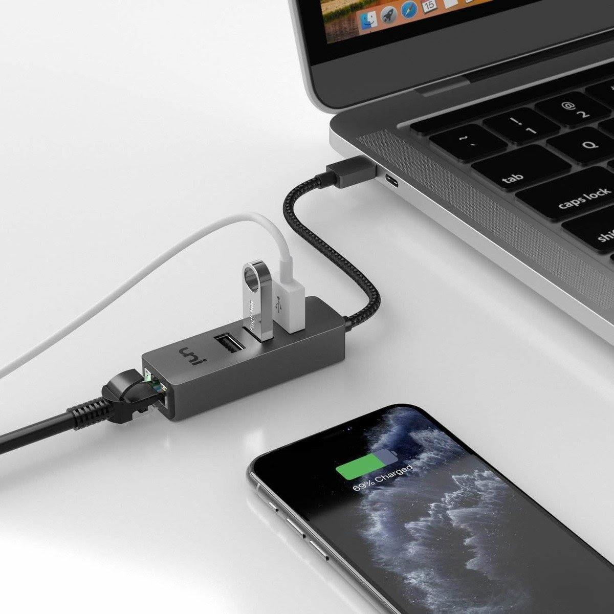 USB C Hub to 3 USB 3.0 Adapter, Gigabit Ethernet RJ45 Adapter| uni